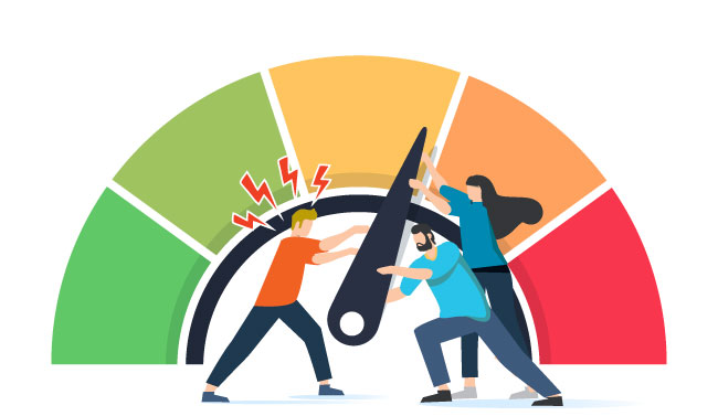 A graphic of a gauge that starts with green on the left, to light green, yellow, orange, and red and colleagues working hard to push lever out of the orange.