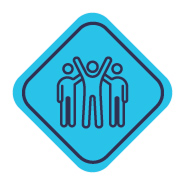 Badge with three people on it representing positive team relationships.