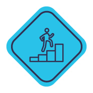 Badge with a person walking up stairs representing meaningful, challenging work.